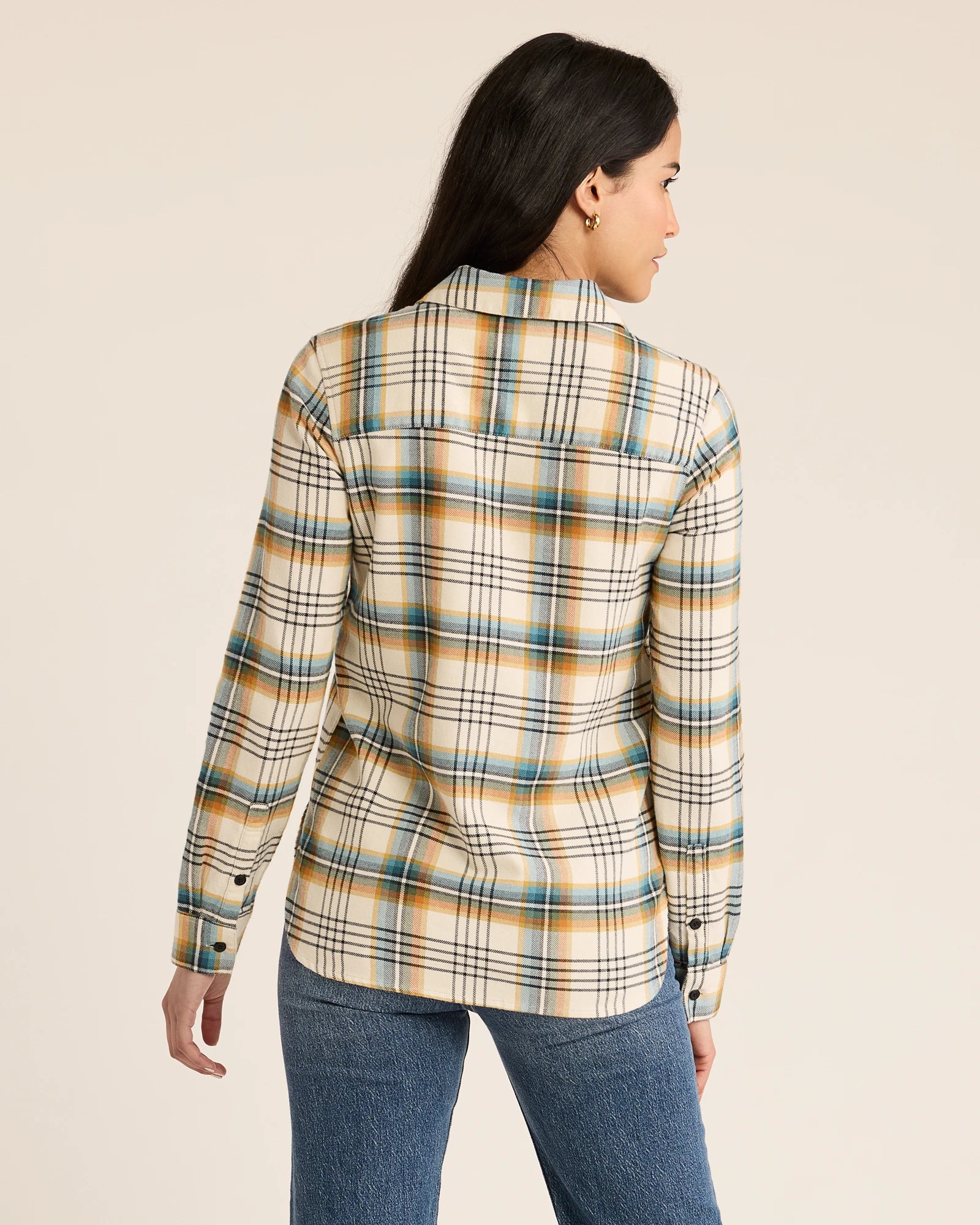 Model Photo of Back of Pendleton Women's Plaid Madison Double Brushed Flannel Shirt- Cream Multi Plaid