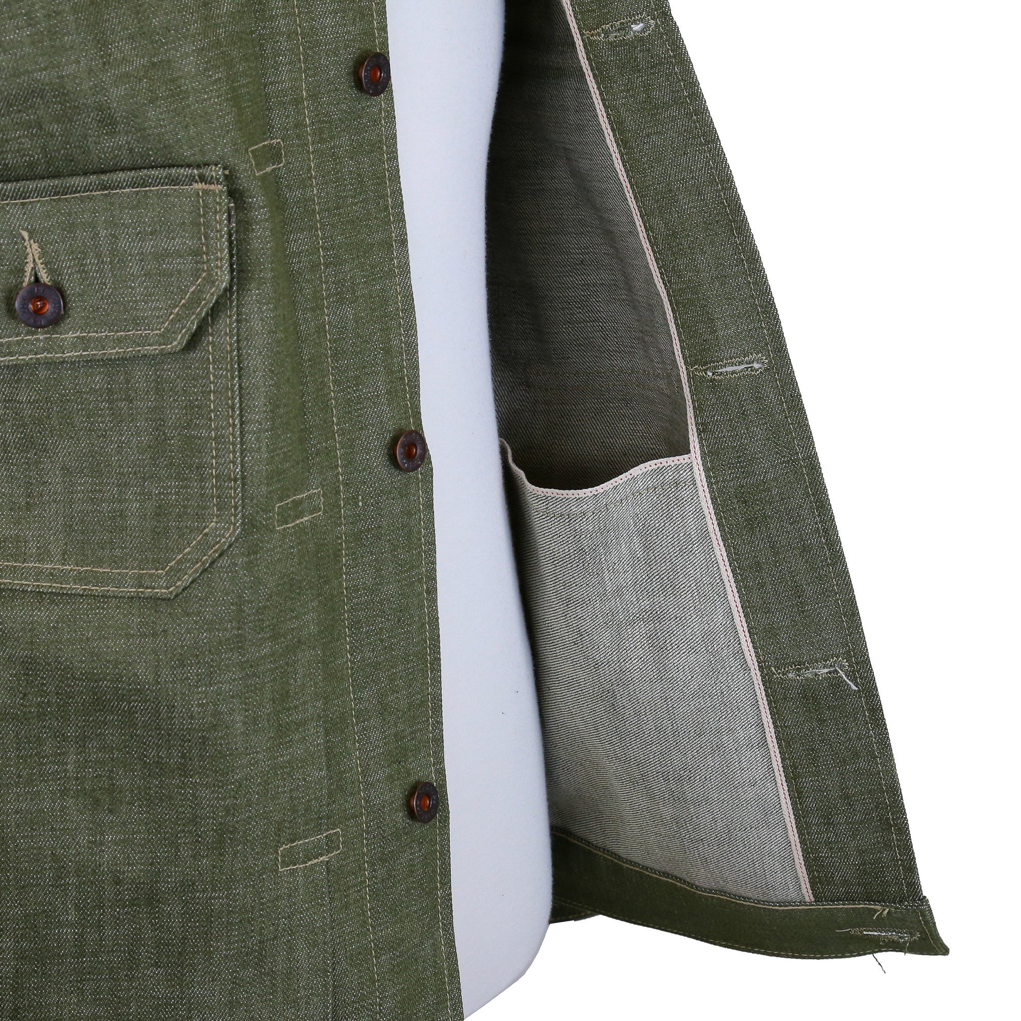 Interior Pocket Detail of Type 2 X079 13.5 Ounce Pistachio Green Selvedge Jacket