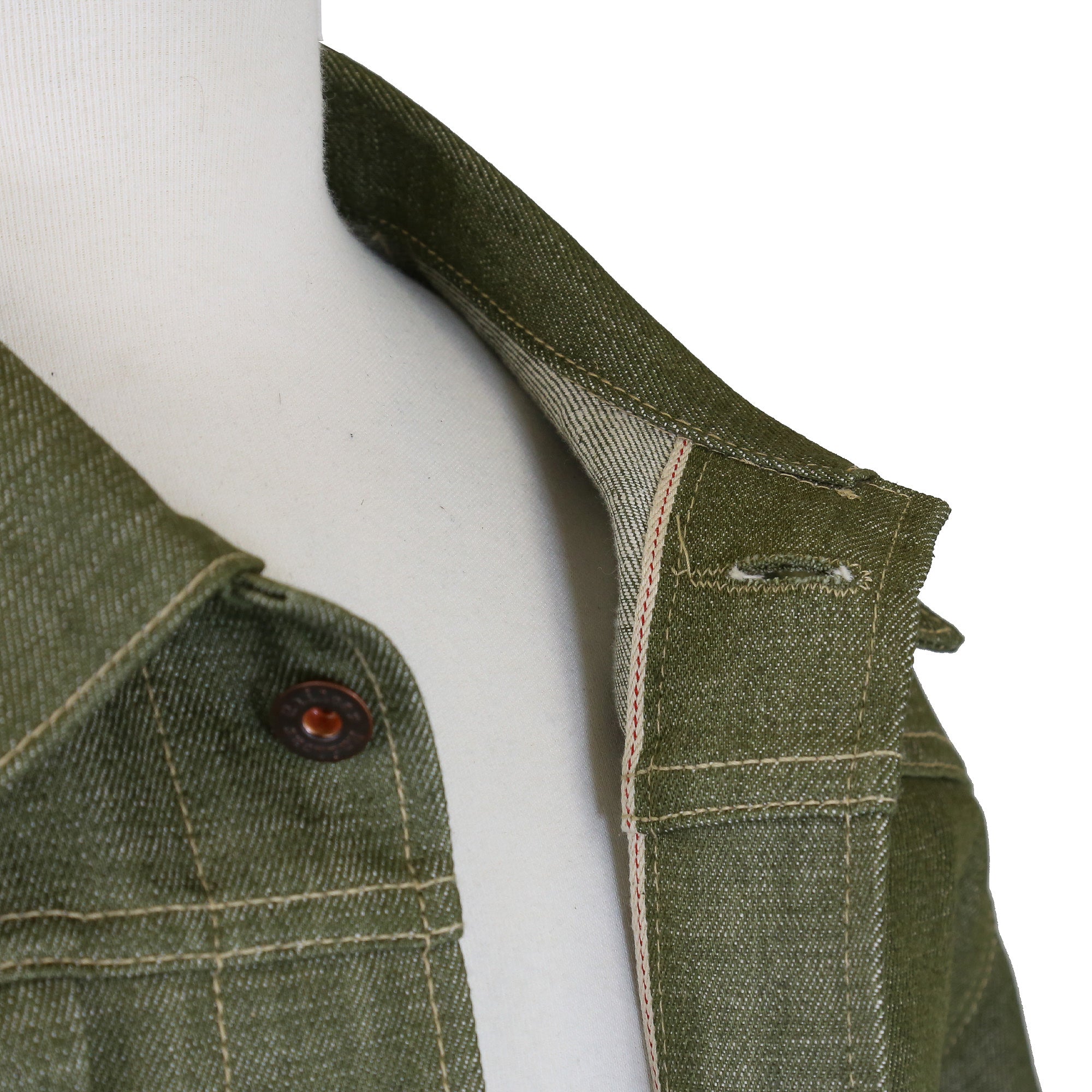 Collar Detail of Type 2 X079 13.5 Ounce Pistachio Green Selvedge Jacket