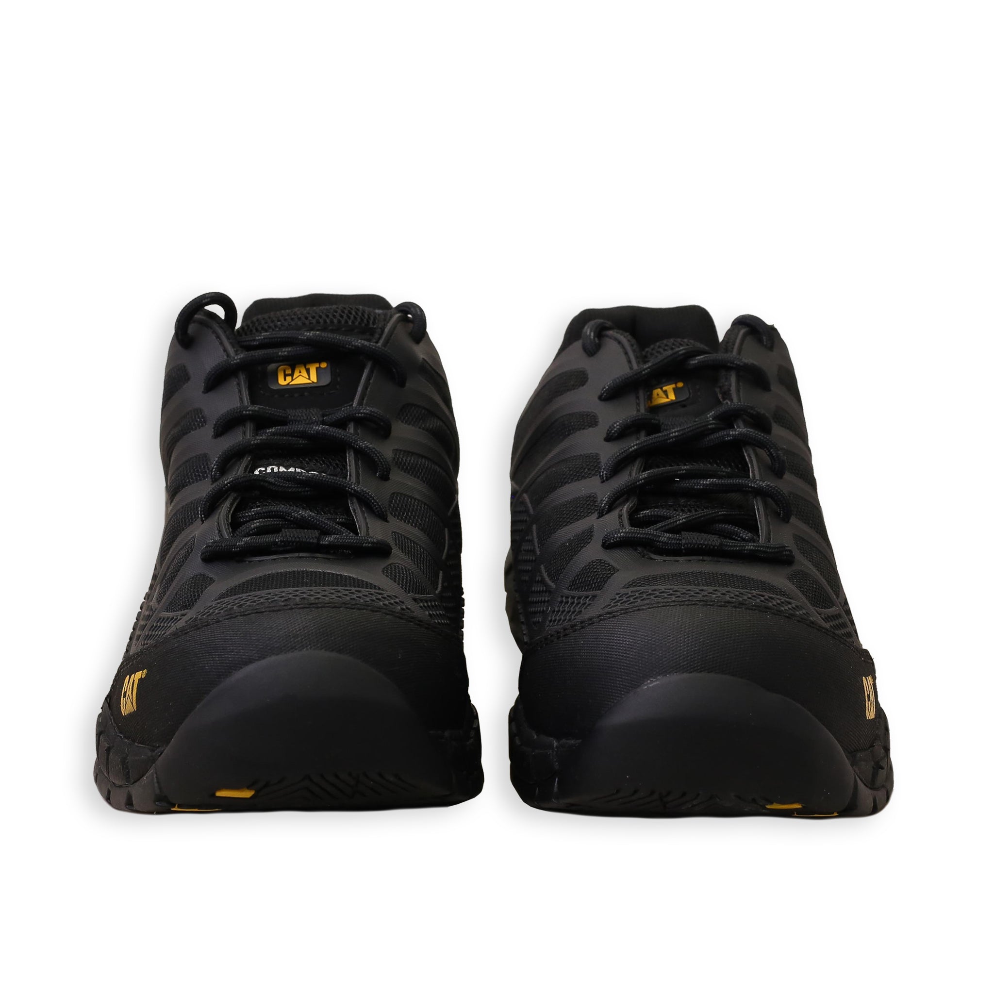 Front of A pair of black CAT work boots with a composite toe and a rubber outsole designed for safety and comfort.