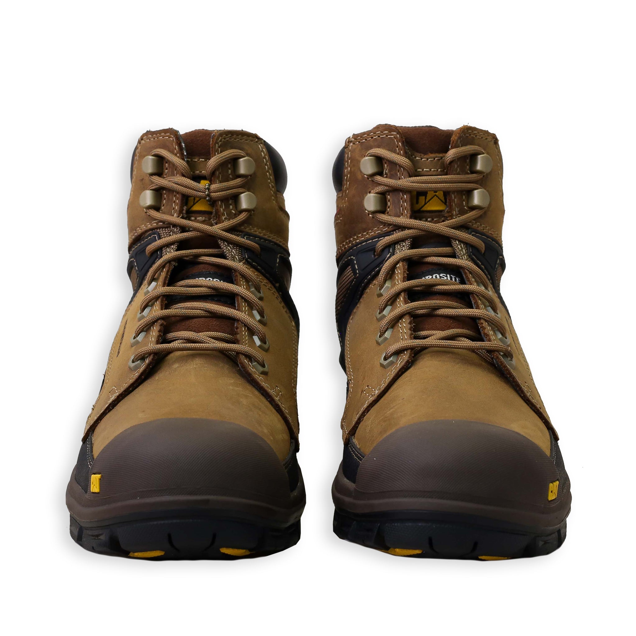 Front of A brown CAT work boot with a non-metallic composite toe and a waterproof design.