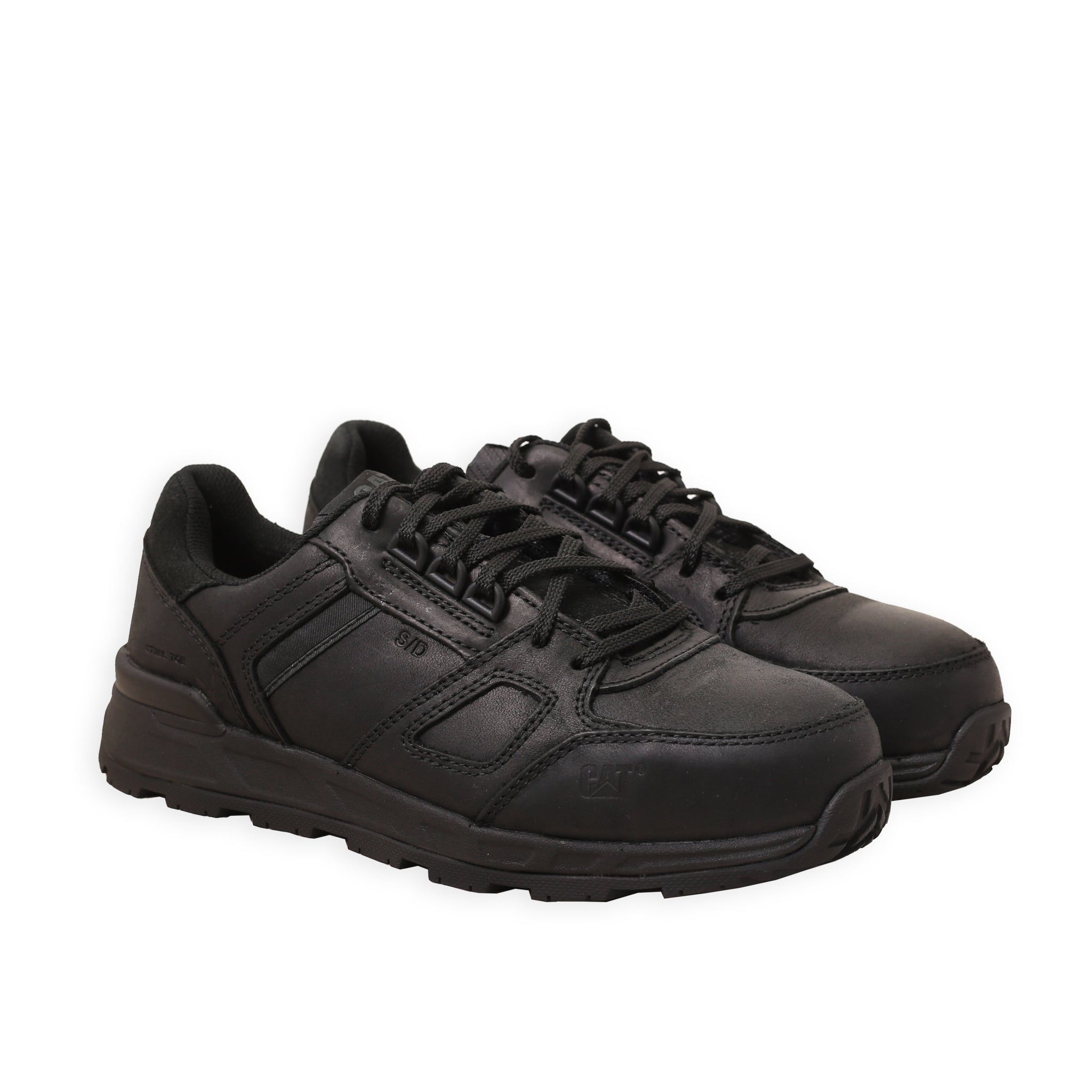 A pair of black CAT women's work sneakers with a steel toe and a rubber outsole.