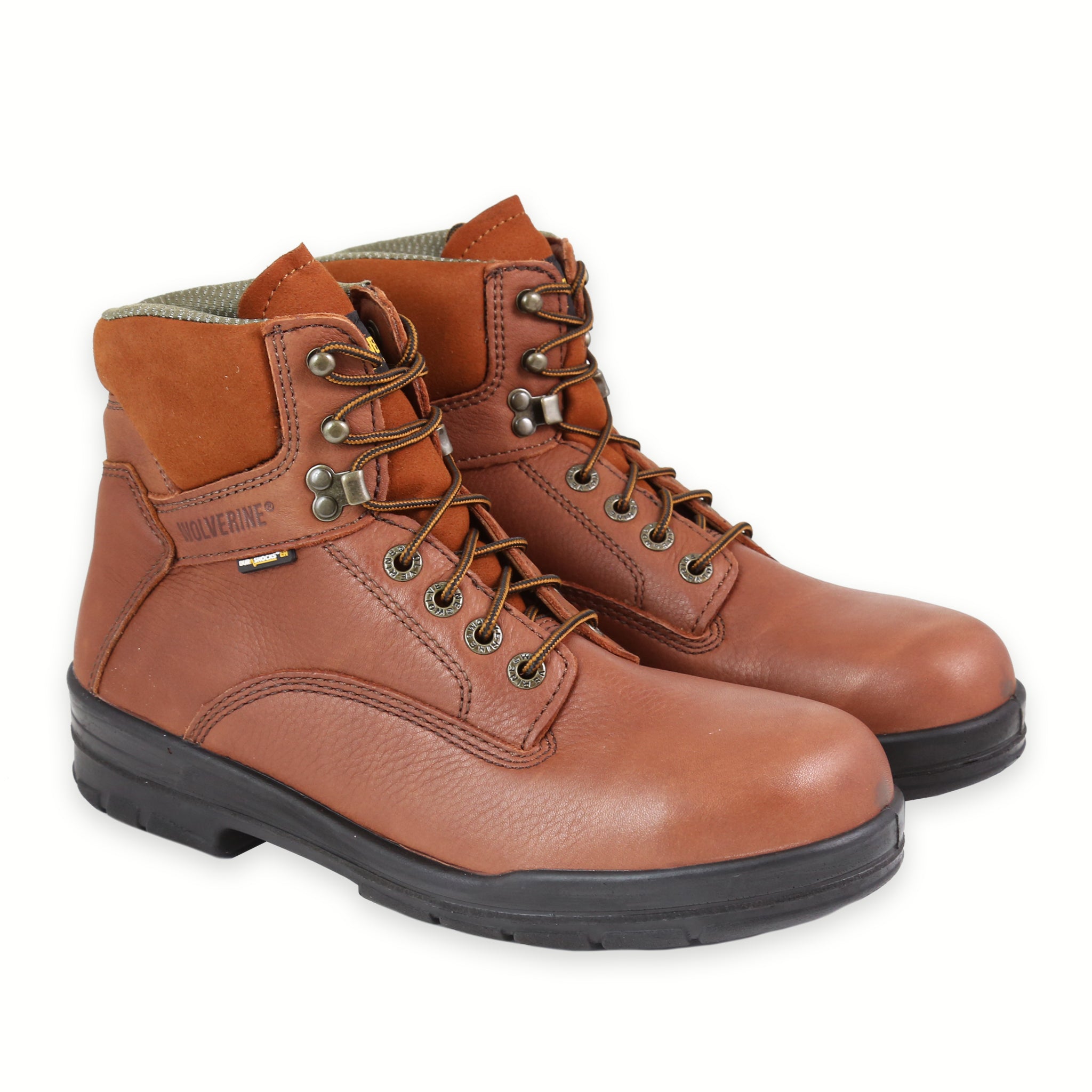 Front Angle of a brown Wolverine work steel toe durashock boot with a rubber outsole and lace-up closure.
