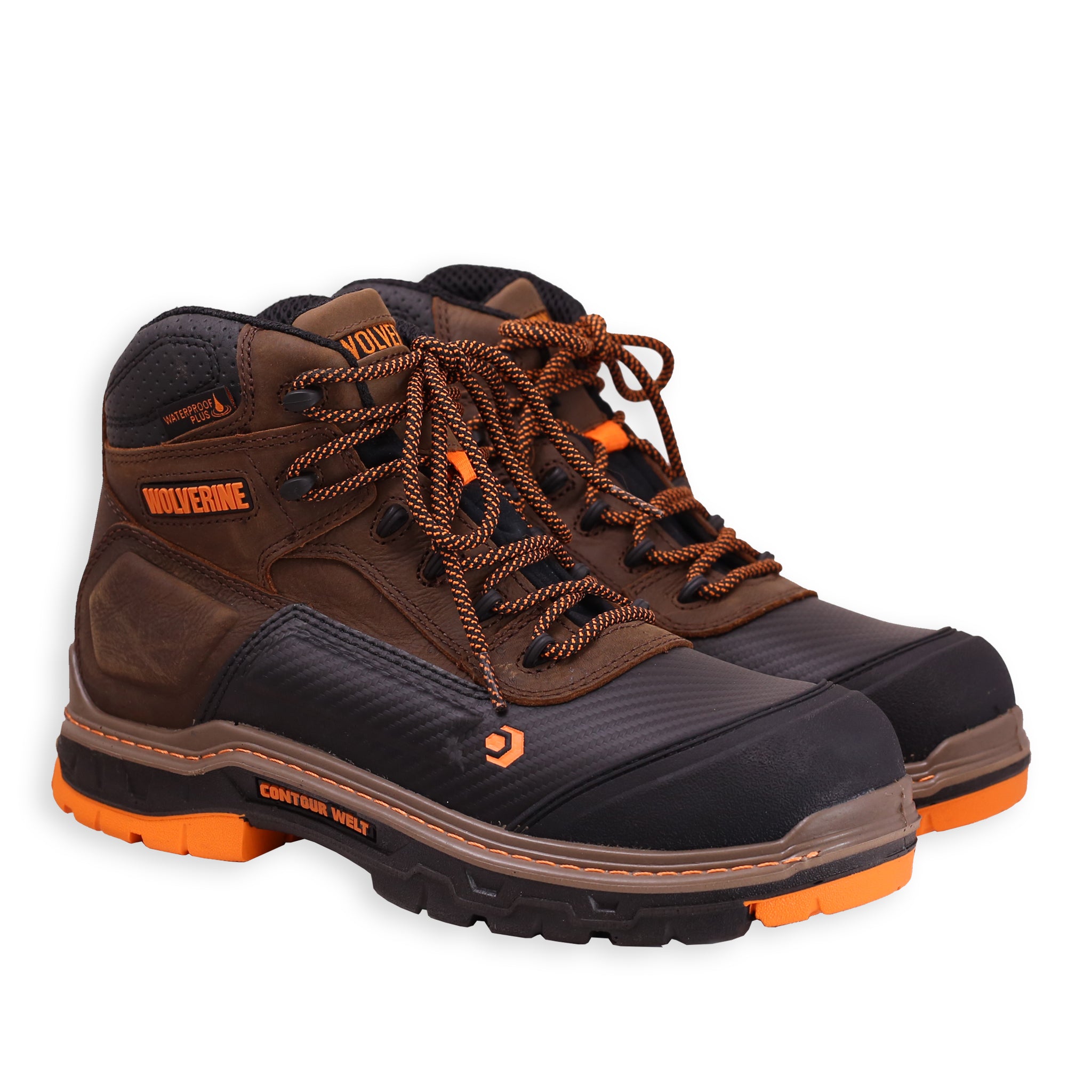 A pair of Wolverine Work Overpass Carbonmax work boots in brown with black accents and orange detailing, featuring a lace-up closure and a rubber outsole.