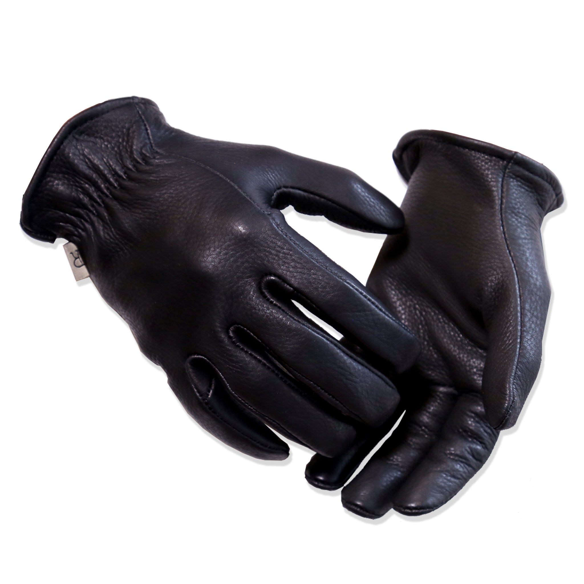 A pair of black deer skin gloves designed for casual wear and motorcycle riding.
