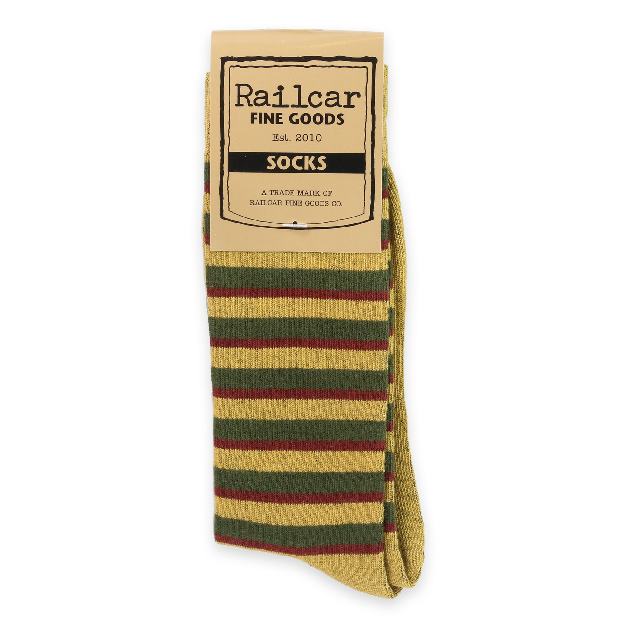 A pack of striped socks in mustard, green, and red colors, with the Railcar Fine Goods branding visible.