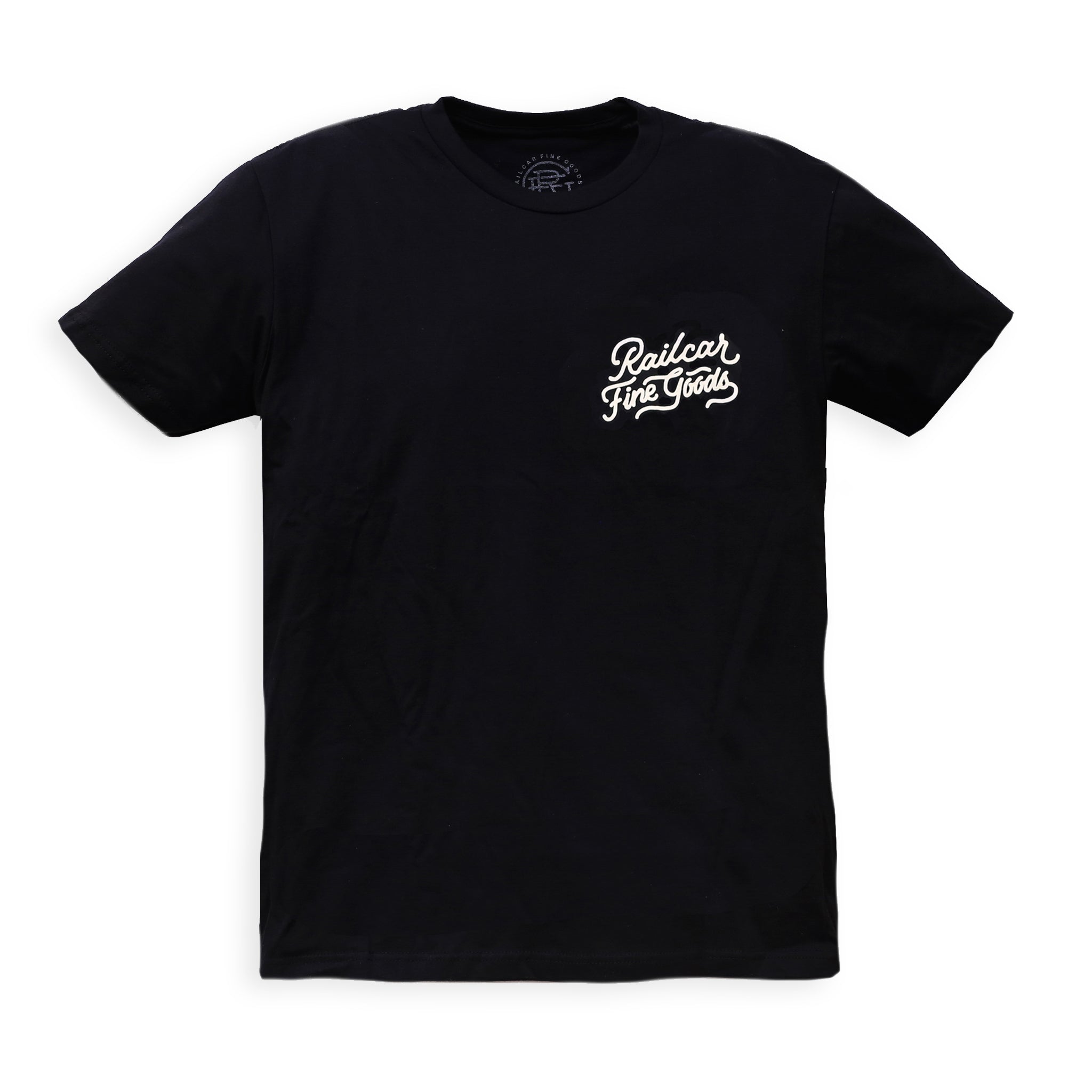 Black t-shirt with text reading Railcar Fine Goods
