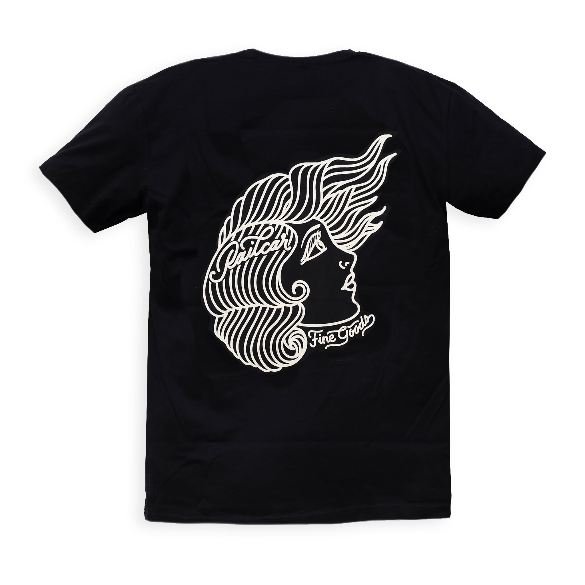 Black t-shirt with a white graphic design of a female figure on the back with text reading Railcar Fine Goods