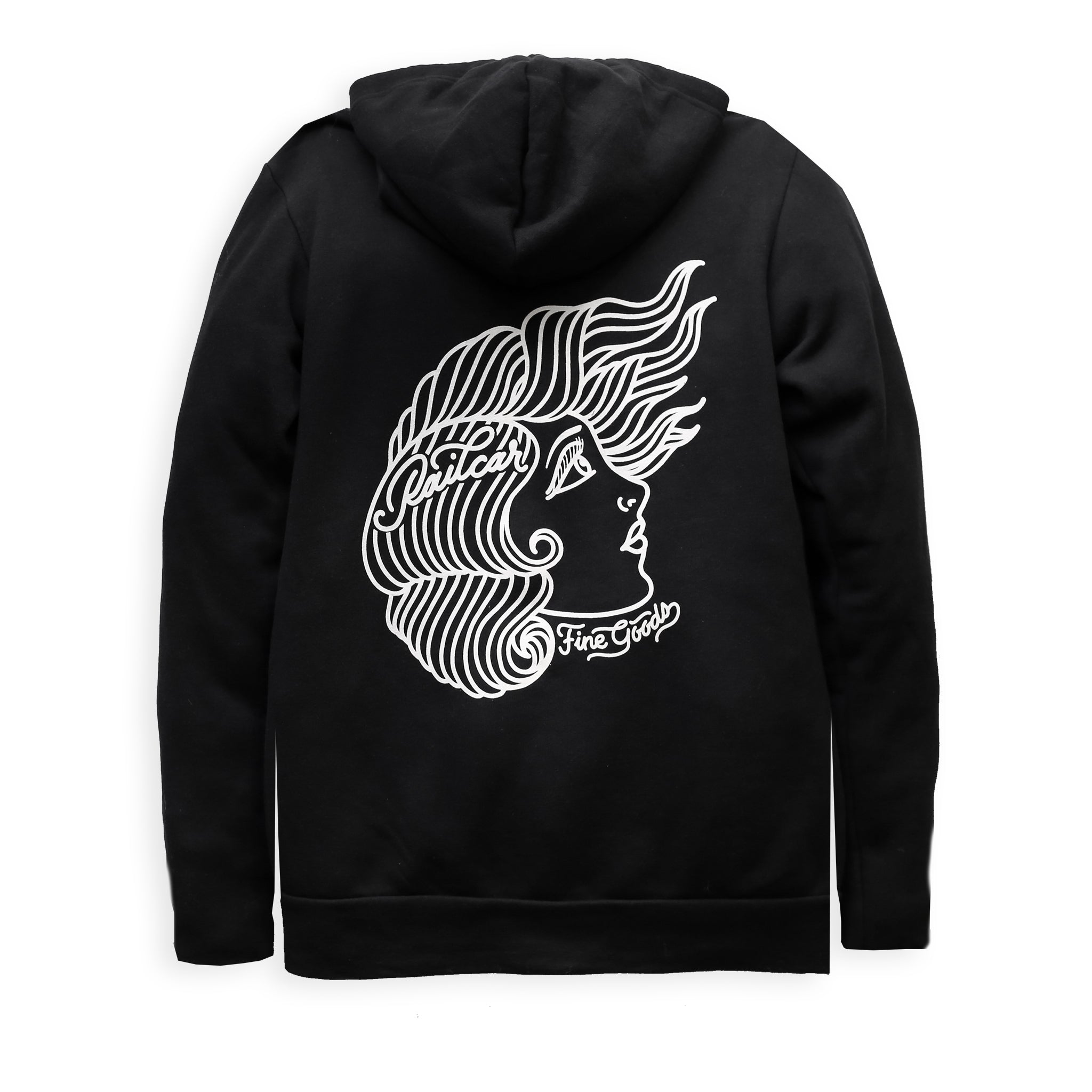Black hoodie with a white graphic design of a female figure on the back with text reading Railcar Fine Goods