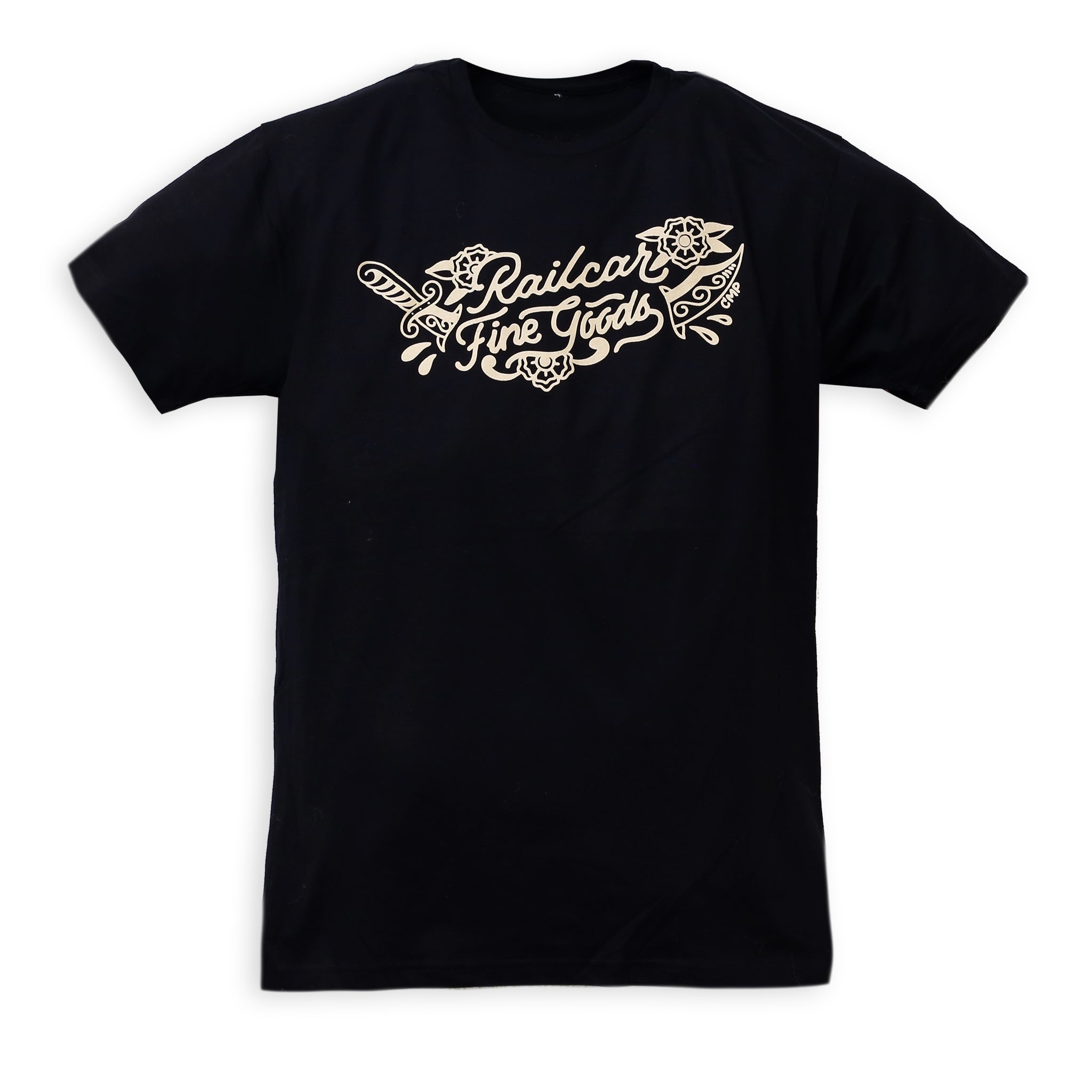 Black T-shirt with 'Railcar Fine Goods' text and logo design in white.