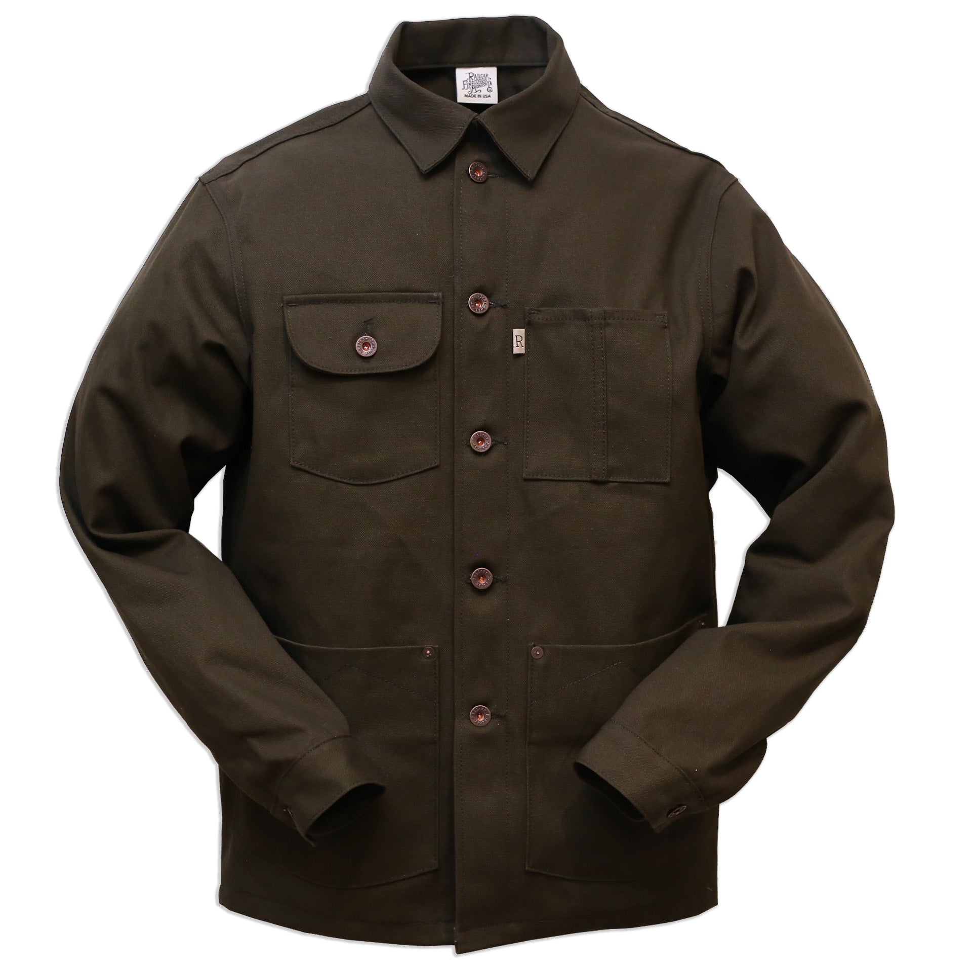 A Chore Coat in seaweed green color, made of 12 ounce duck canvas, with button closures and multiple pockets.